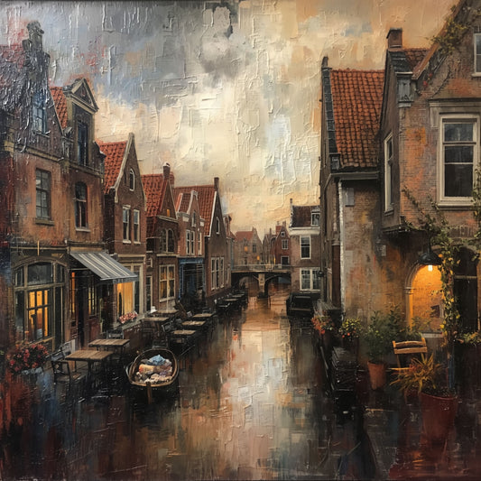 Gracht Schilderij – Hollandse Gracht bij Avondschemering met Terrasjes en Brug