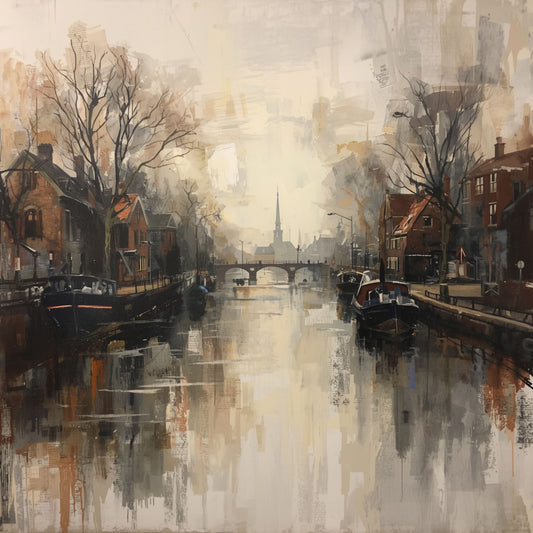 Hollandse Gracht Schilderij – Mistige Winterochtend langs het Kanaal