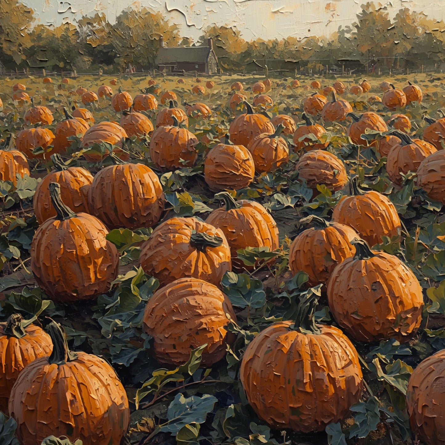 Pompoenenveld Schilderij – Groot Veld met Rijpe Pompoenen bij Herfstboerderij