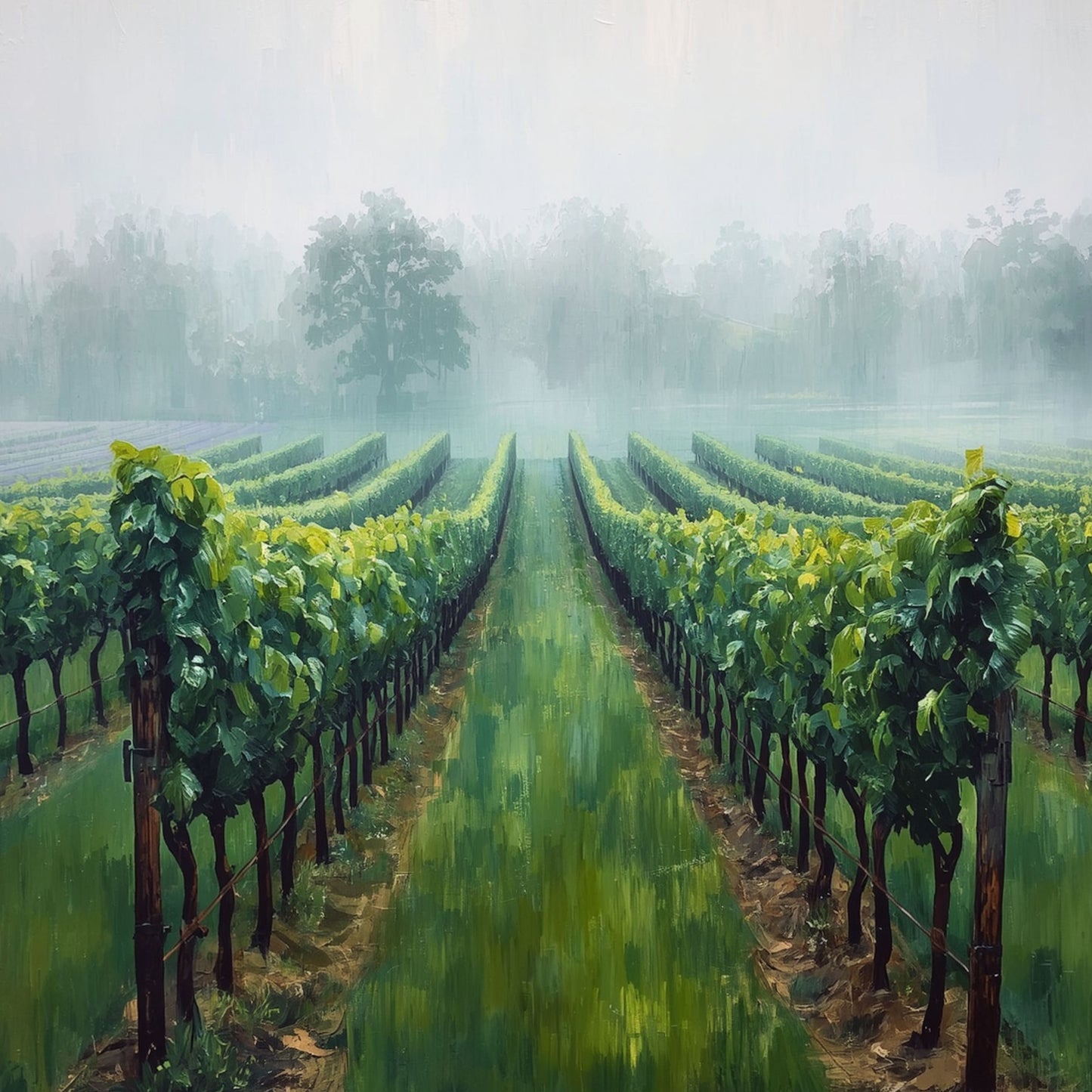 Wijngaard Schilderij – Mistige Ochtend tussen de Wijnranken