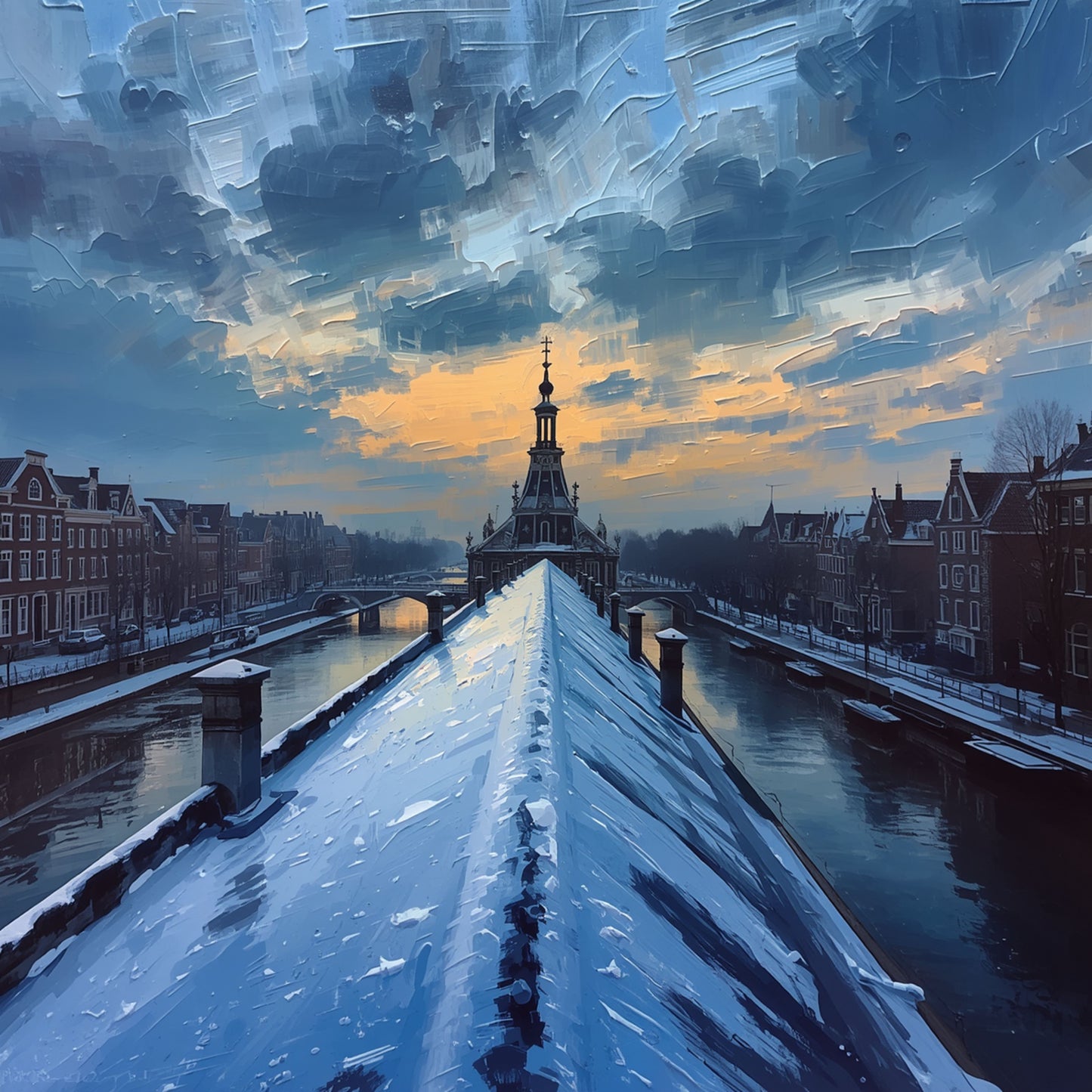 Amsterdam Schilderij – Besneeuwde Brug met Montelbaanstoren bij Zonsondergang
