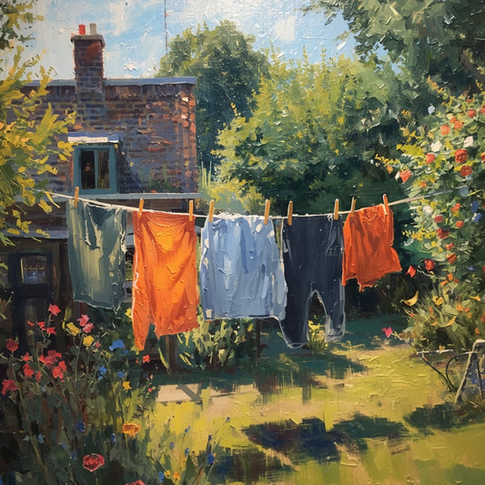 Zomertuin Schilderij – Waslijn met Kleurrijke Was in Bloeiende Tuin