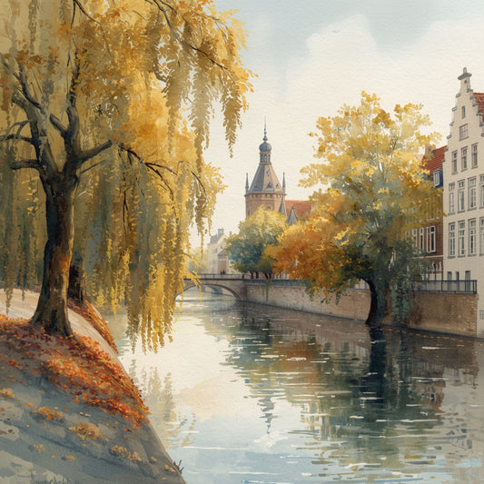 Hollandse Herfstgracht Schilderij – Treurwilg en Toren langs Gouden Kanaal