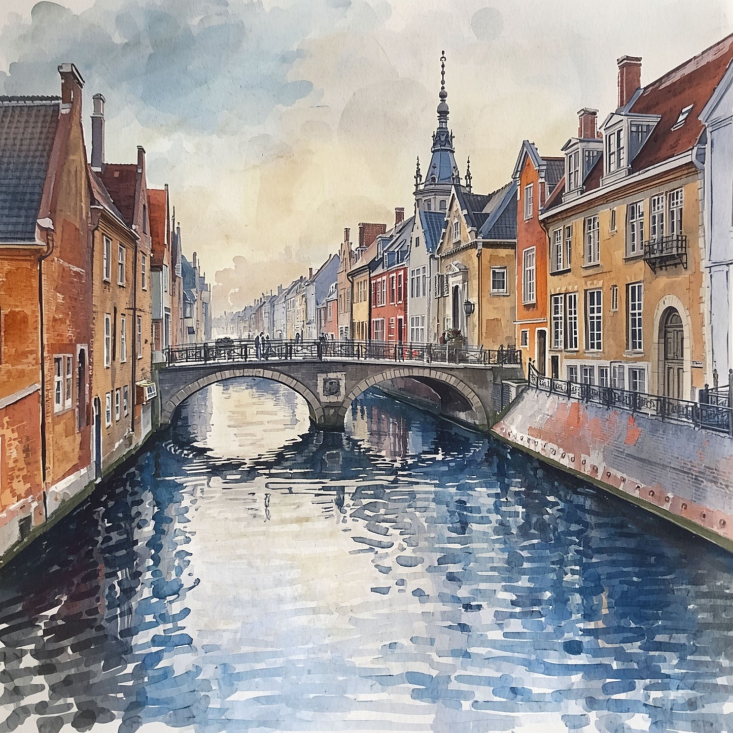 Brugge Gracht Schilderij – Historische Brug en Torenspits in Aquarel