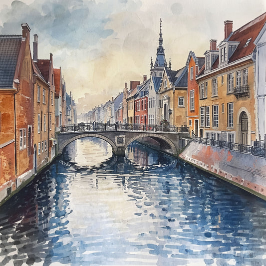 Brugge Gracht Schilderij – Historische Brug en Torenspits in Aquarel