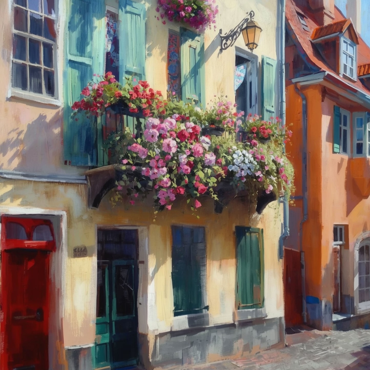 Franse Straatgevel Schilderij – Bloeiend Balkon met Groene Luiken