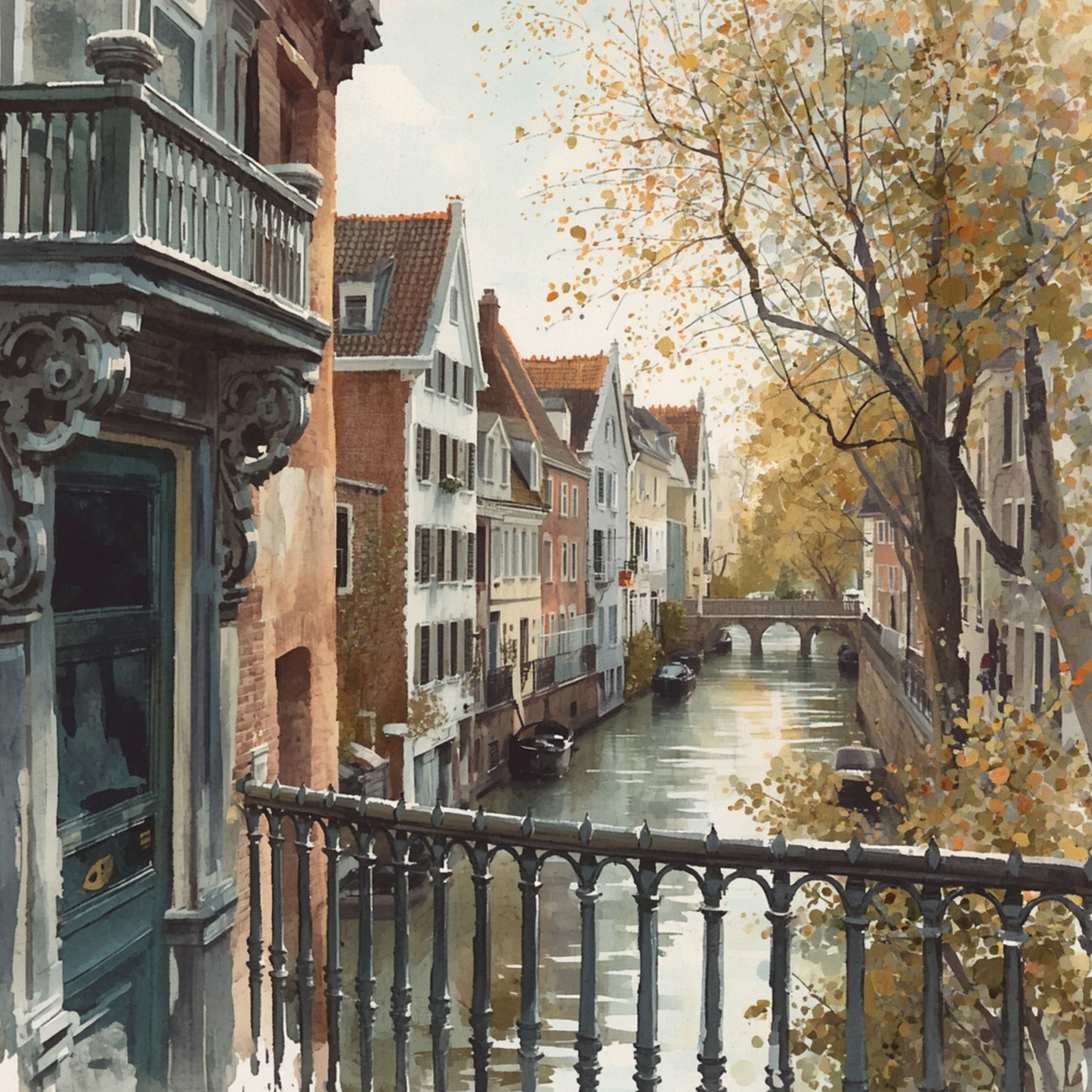 Europese Grachtkade Schilderij – Herfstuitzicht vanaf Sierlijk Balkon