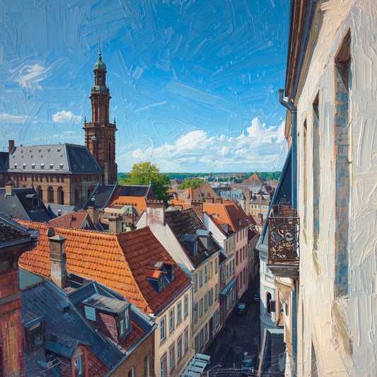 Europese Stadsdaken Schilderij – Uitzicht over Oranje Daken met Kerkspits