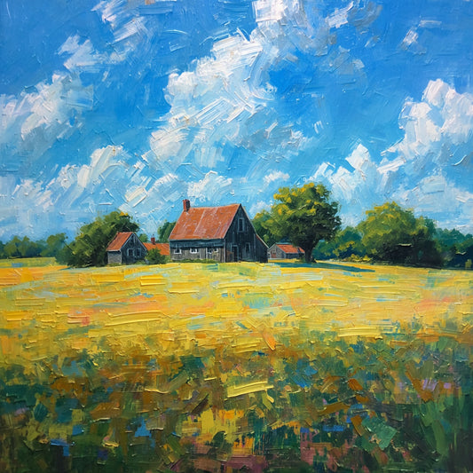 Zomerse Hoeve Schilderij – Gouden Velden met Donkere Schuur en Blauwe Lucht