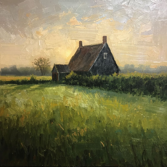 Hollands Poldercottage Schilderij – Rietgedekte Hoeve in Avondgloed