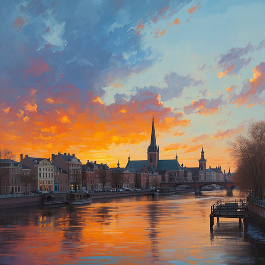 Hollandse Stadsgracht Schilderij – Vurige Zonsondergang boven Kerkspits en Rivier