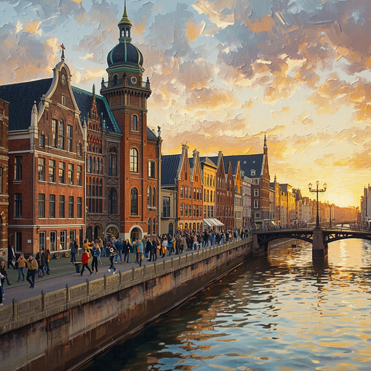 Amsterdam Kade Schilderij – Gouden Zonsondergang langs Drukke Grachtenkade