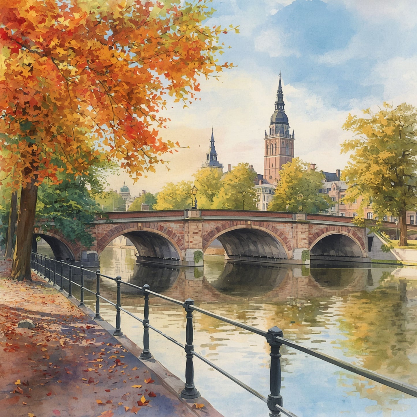 Hollandse Herfstbrug Schilderij – Stenen Boogbrug met Kerkspitsen langs Gouden Gracht