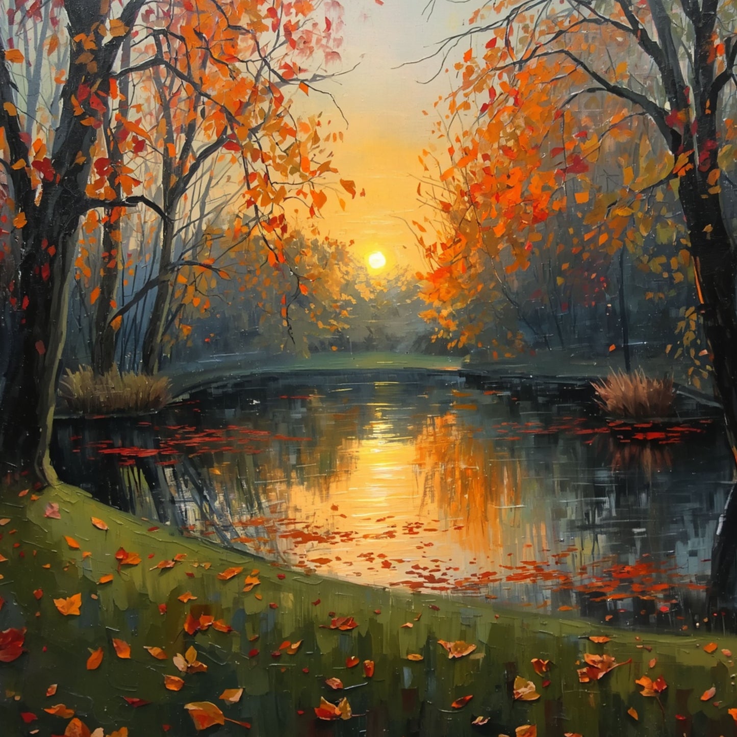 Herfst Zonsondergang Schilderij – Gouden Avondgloed langs Stille Bosrivier