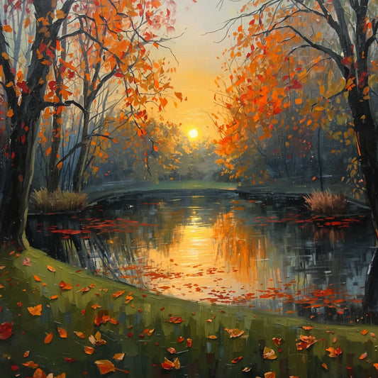 Herfst Zonsondergang Schilderij – Gouden Avondgloed langs Stille Bosrivier