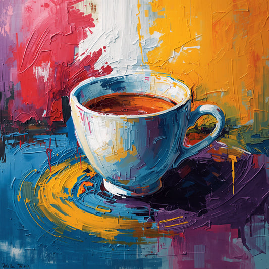 Abstracte Koffiekop Schilderij – Expressief Stilleven in Primaire Kleuren