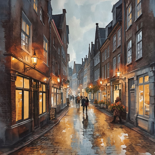 Hollandse Regensteeg Schilderij – Romantisch Avondstraatje met Gloeiende Lantaarns