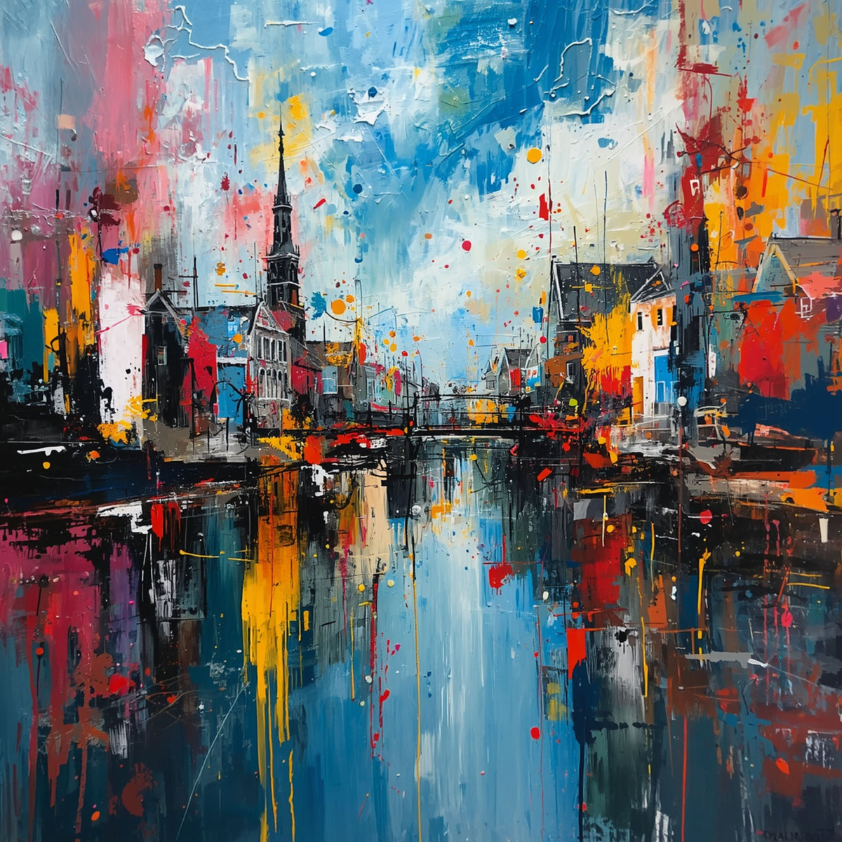 Canvas Schilderij – Moderne Urban Pop Art Sfeer met Felle Stadsaccenten