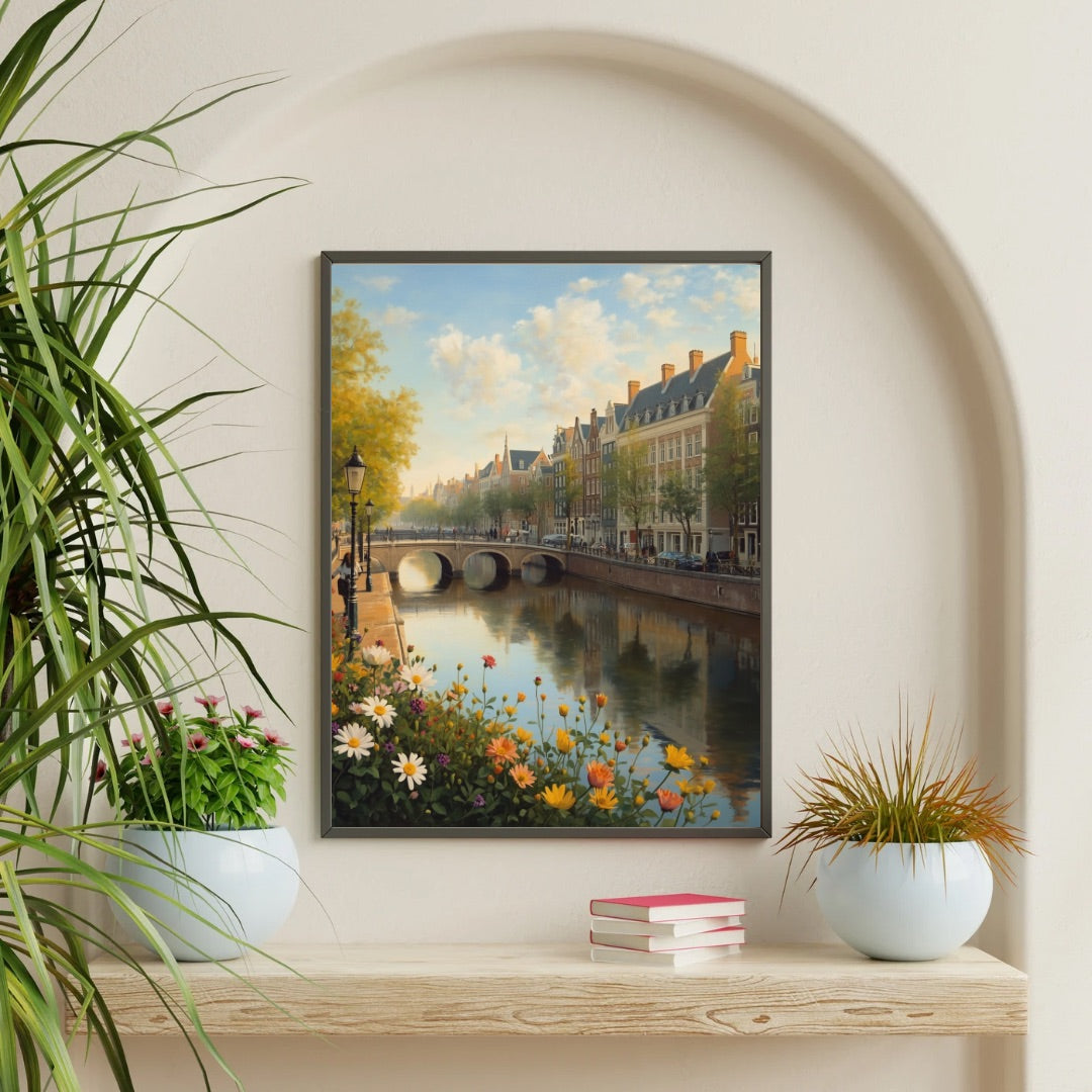 Den Haag lente gracht schilderij in zwarte lijst in witte nis met planten – kleurrijk wall art