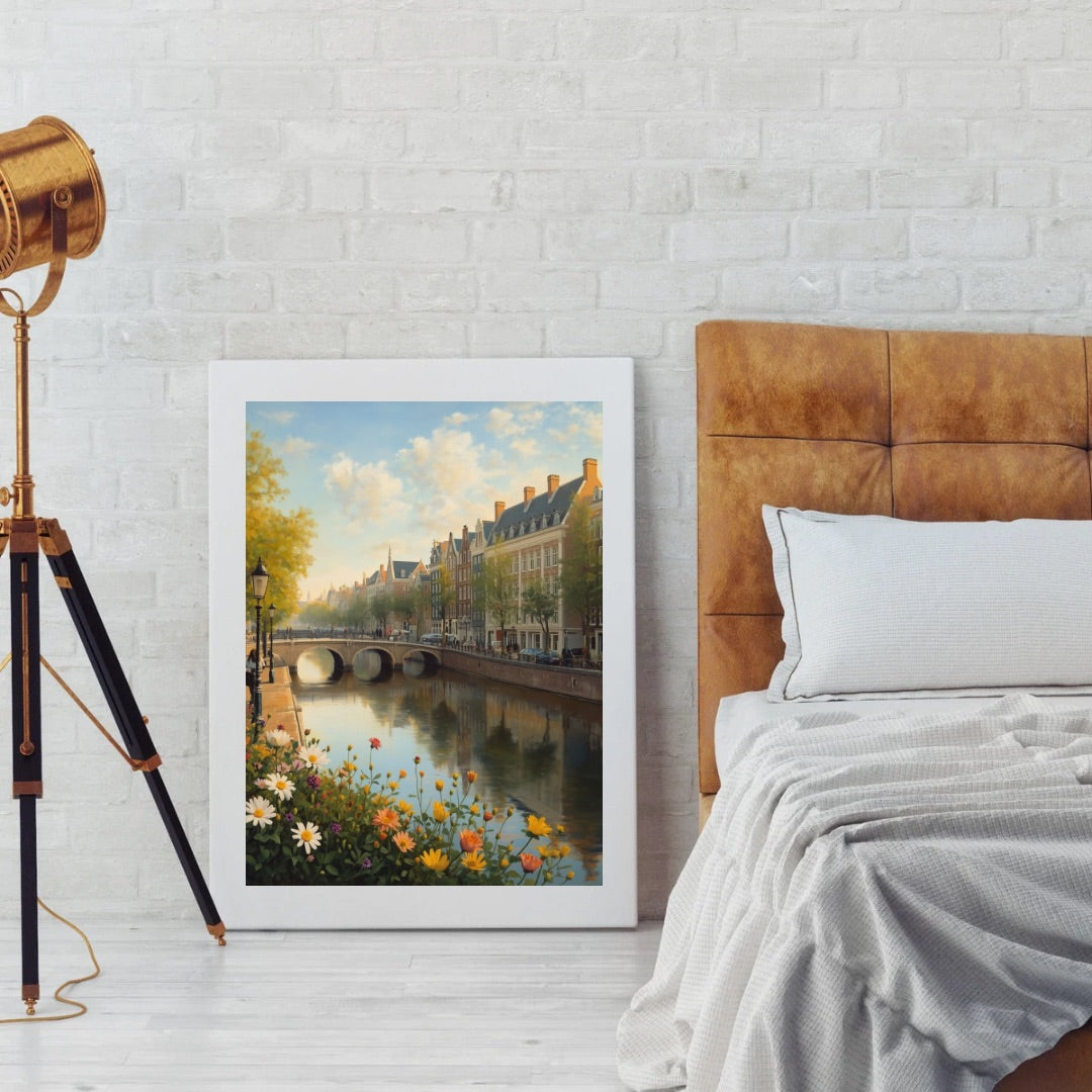 Den Haag lente gracht schilderij in witte lijst naast bed met gouden lamp – premium wall art print