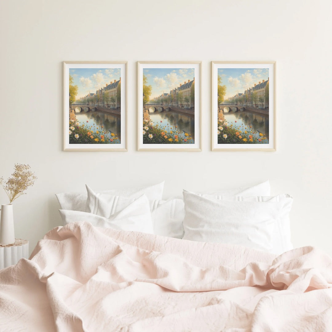 Den Haag lente gracht schilderij als drieluik boven bed in lichte slaapkamer – set van 3 print