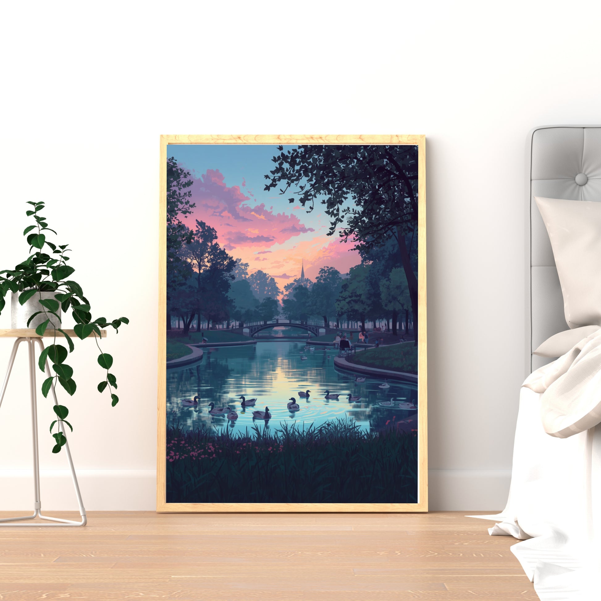 Den Haag park schilderij in houten lijst staand op houten vloer naast bed – roze zonsondergang wall art print
