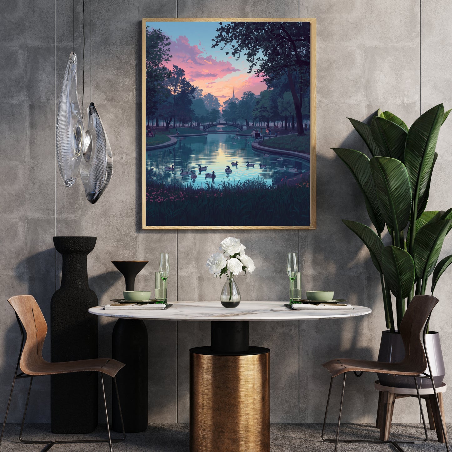 Den Haag park schilderij in gouden lijst boven marmeren eettafel – sfeervol avond vijver kunstwerk