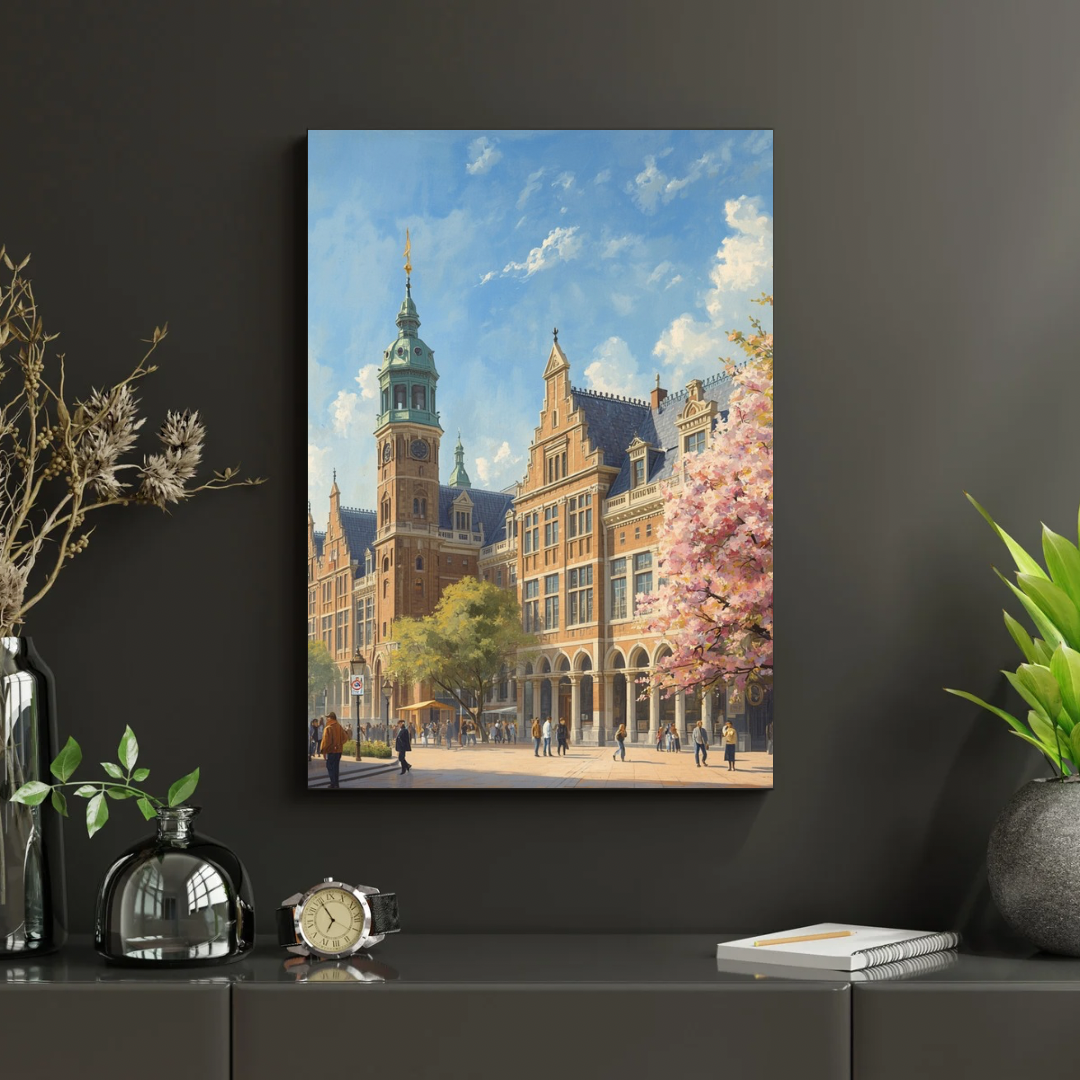 Den Haag stadhuis schilderij zonder lijst aan donkere muur met droogbloemen en planten – premium wall art