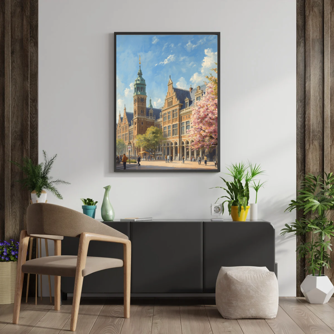 Den Haag stadhuis schilderij in zwarte lijst boven donker dressoir met horloge en vaas – lente cityscape print