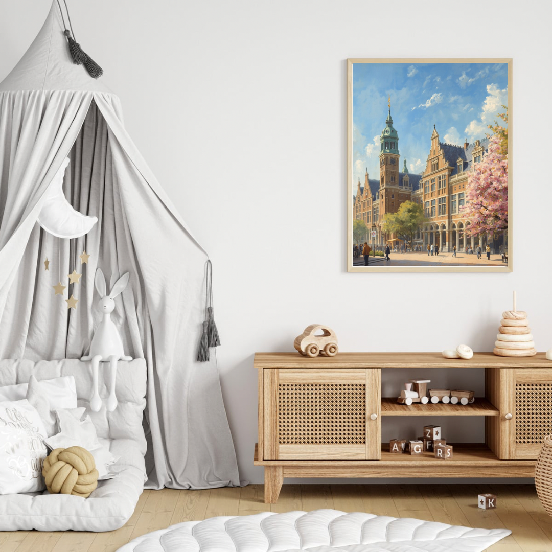 Den Haag stadhuis schilderij in houten lijst boven houten kast in kinderkamer – lente kersenbloesem wall art