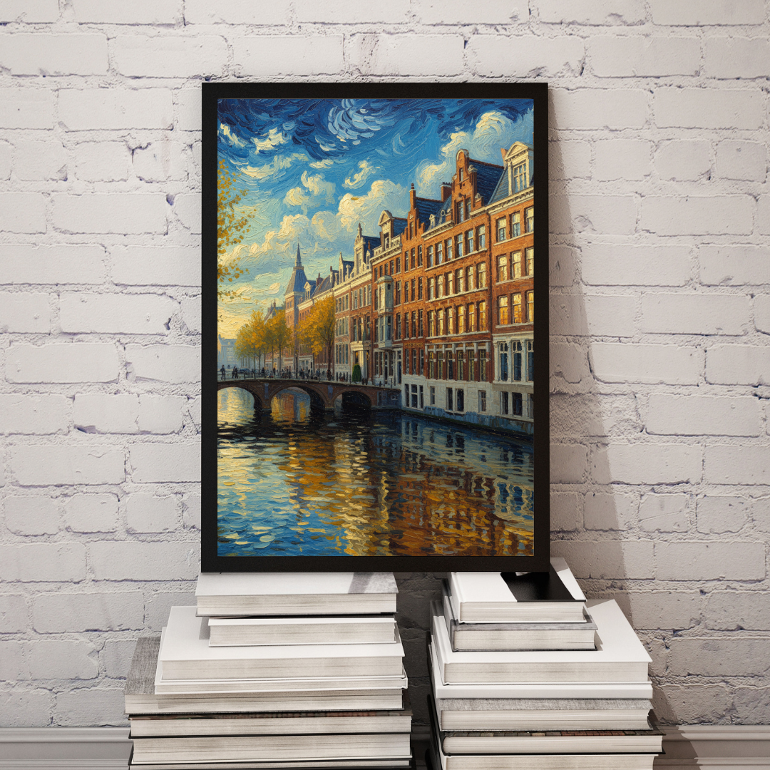 Amsterdam gracht schilderij in zwarte lijst op stapel boeken tegen witte bakstenen muur – impressionistisch olieverf print
