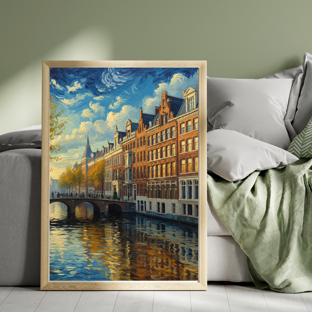 Amsterdam gracht schilderij in houten lijst staand naast grijze bank met groene deken – herfst cityscape wall art
