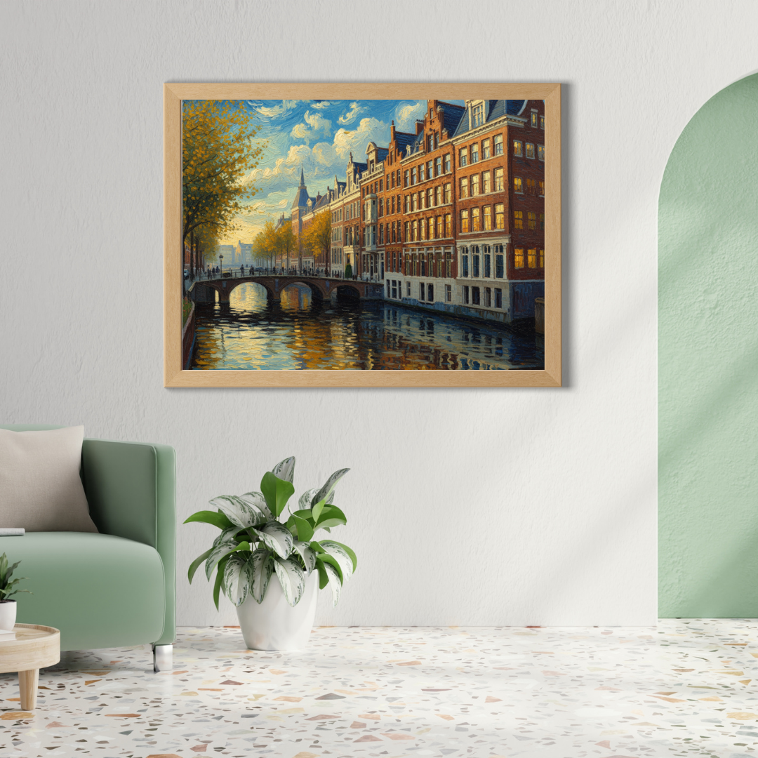 Amsterdam gracht schilderij in houten lijst aan witte muur boven groene stoel met plant – impressionistisch wall art print
