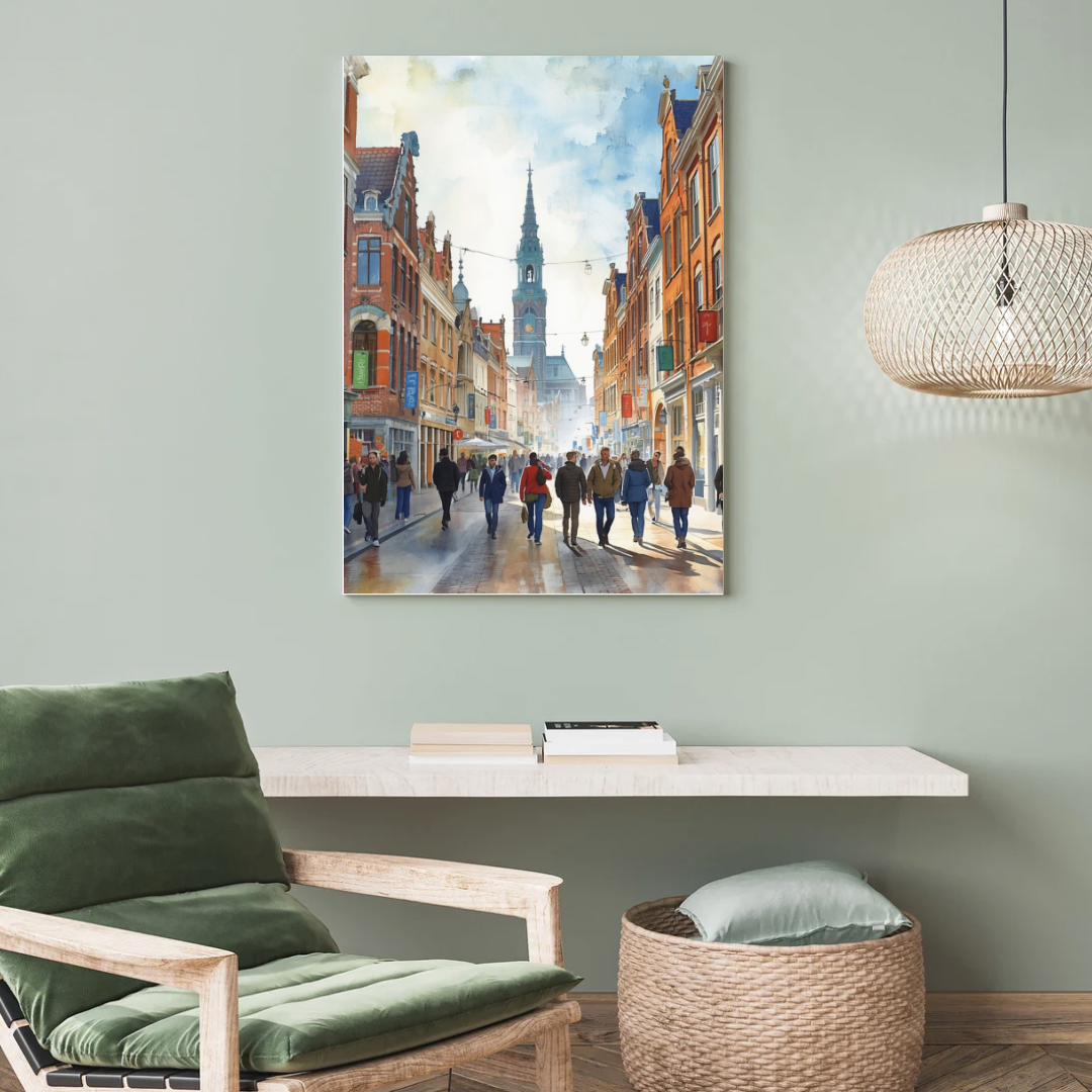 Den Haag Spui schilderij zonder lijst aan groene muur boven houten bureau met boeken – aquarel cityscape print
