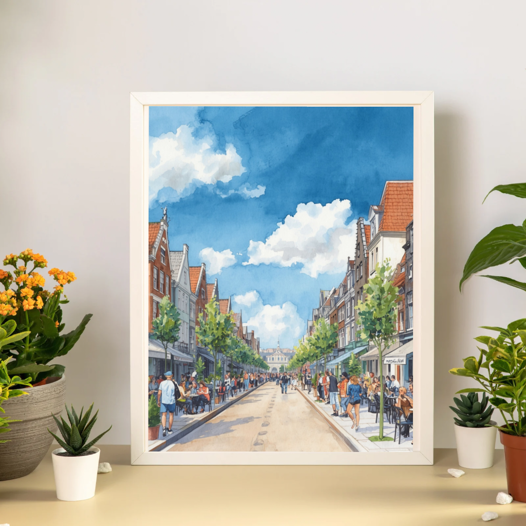 Den Haag straat schilderij in witte lijst staand op tafel met planten – zomerse aquarel cityscape print
