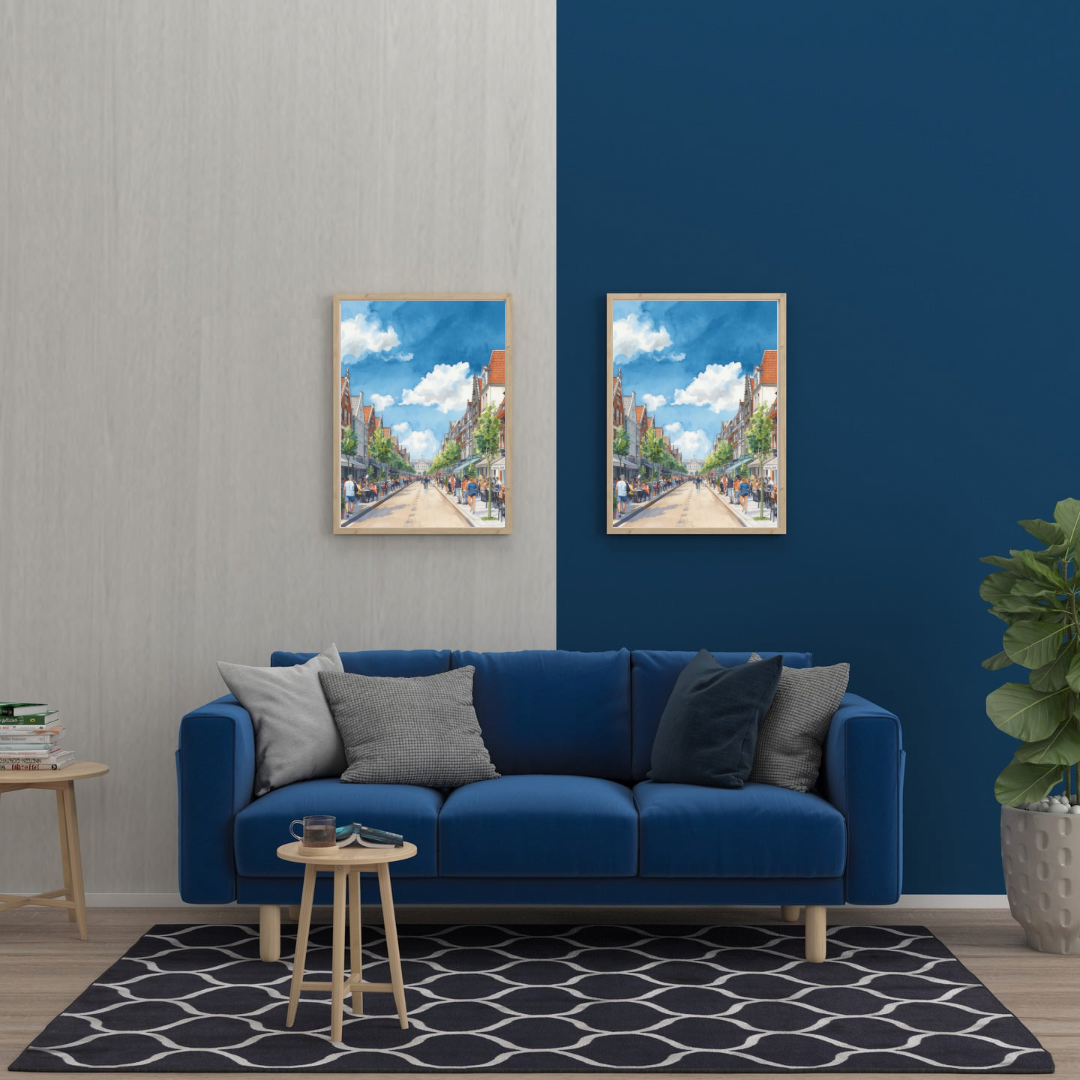 Den Haag straat schilderij als set van twee in houten lijst boven blauwe bank – zomerse wall art woonkamer
