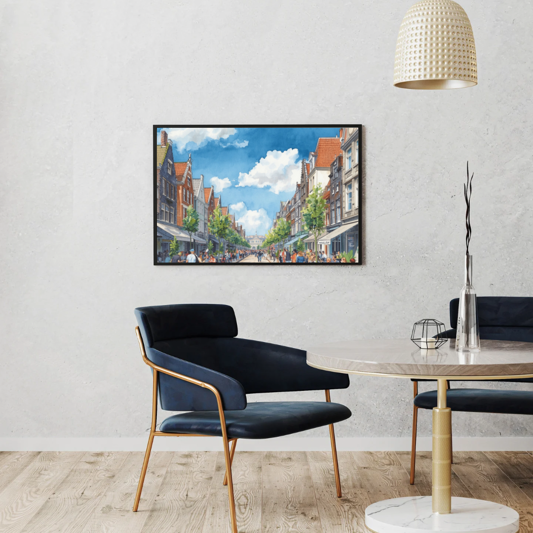 Den Haag straat schilderij in zwarte lijst aan witte muur boven marmeren tafel – aquarel cityscape wall art eetkamer
