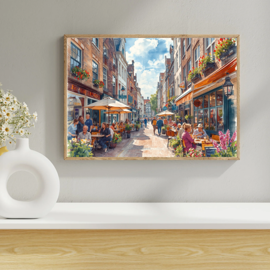 Den Haag terras schilderij in houten lijst op witte plank met witte vaas en madeliefjes – zomerse aquarel wall art

