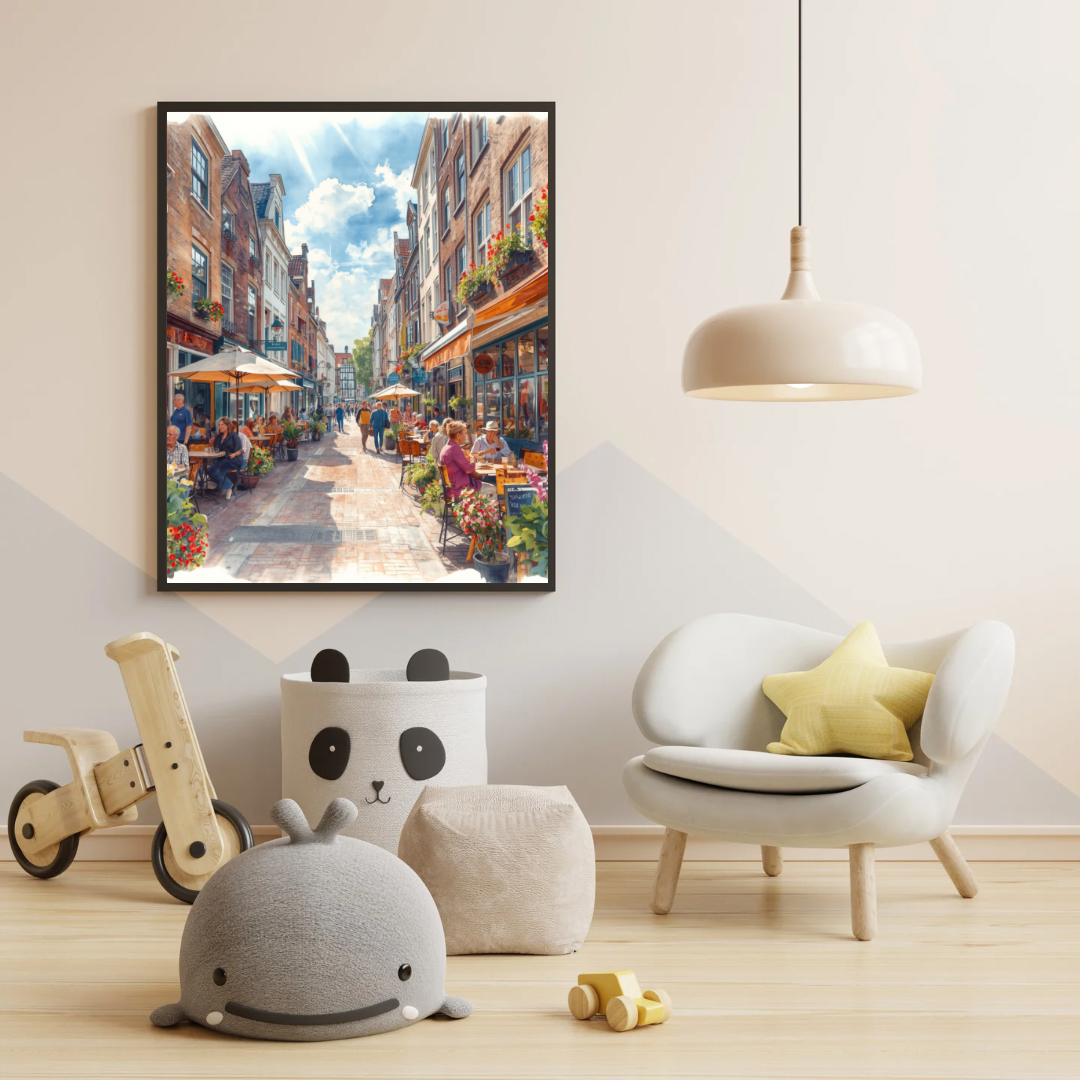 Den Haag terras schilderij in zwarte lijst aan crème muur in lichte kinderkamer met speelgoed – kleurrijke aquarel print
