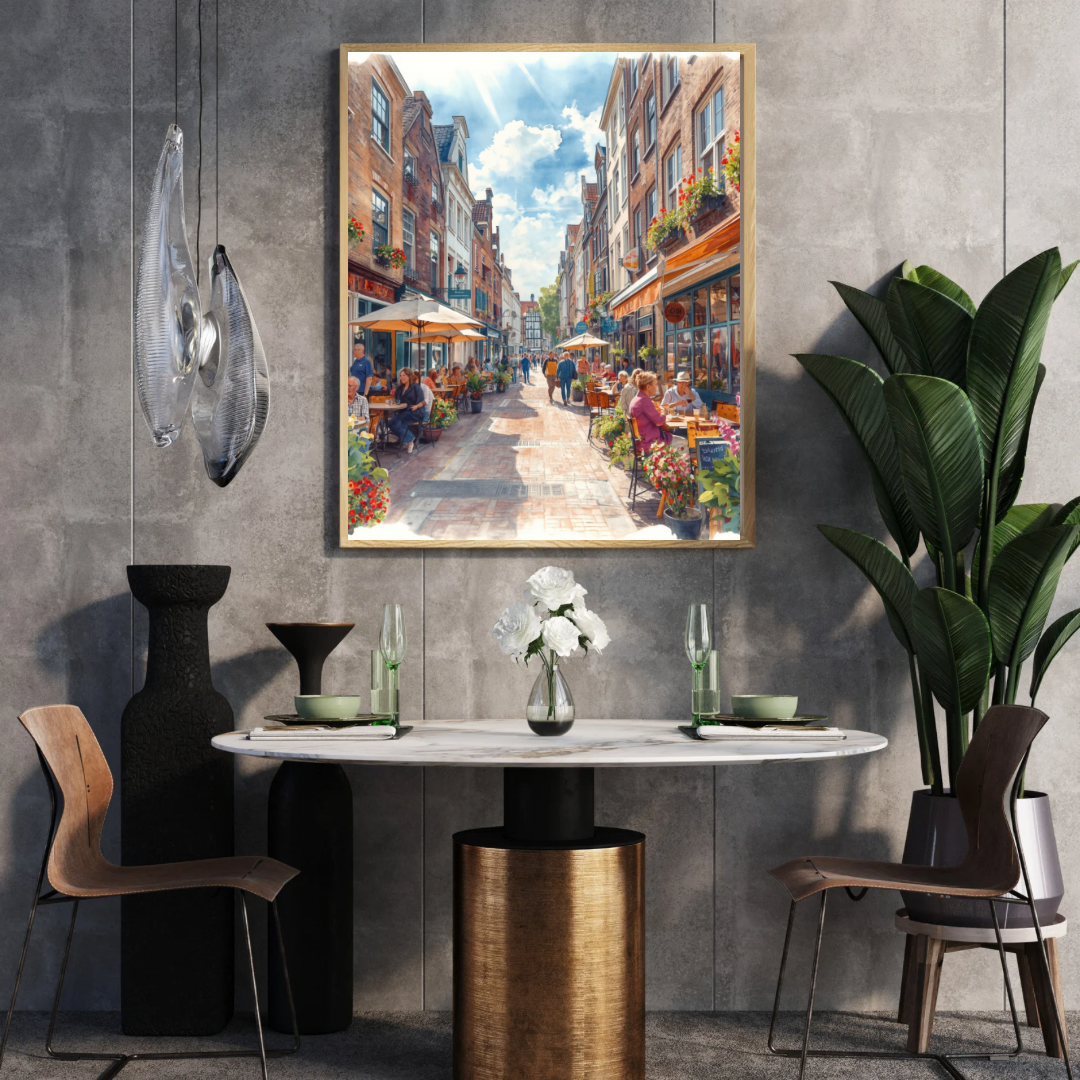 Den Haag terras schilderij in gouden lijst boven marmeren eettafel met betonnen muur en grote plant – premium aquarel wall art
