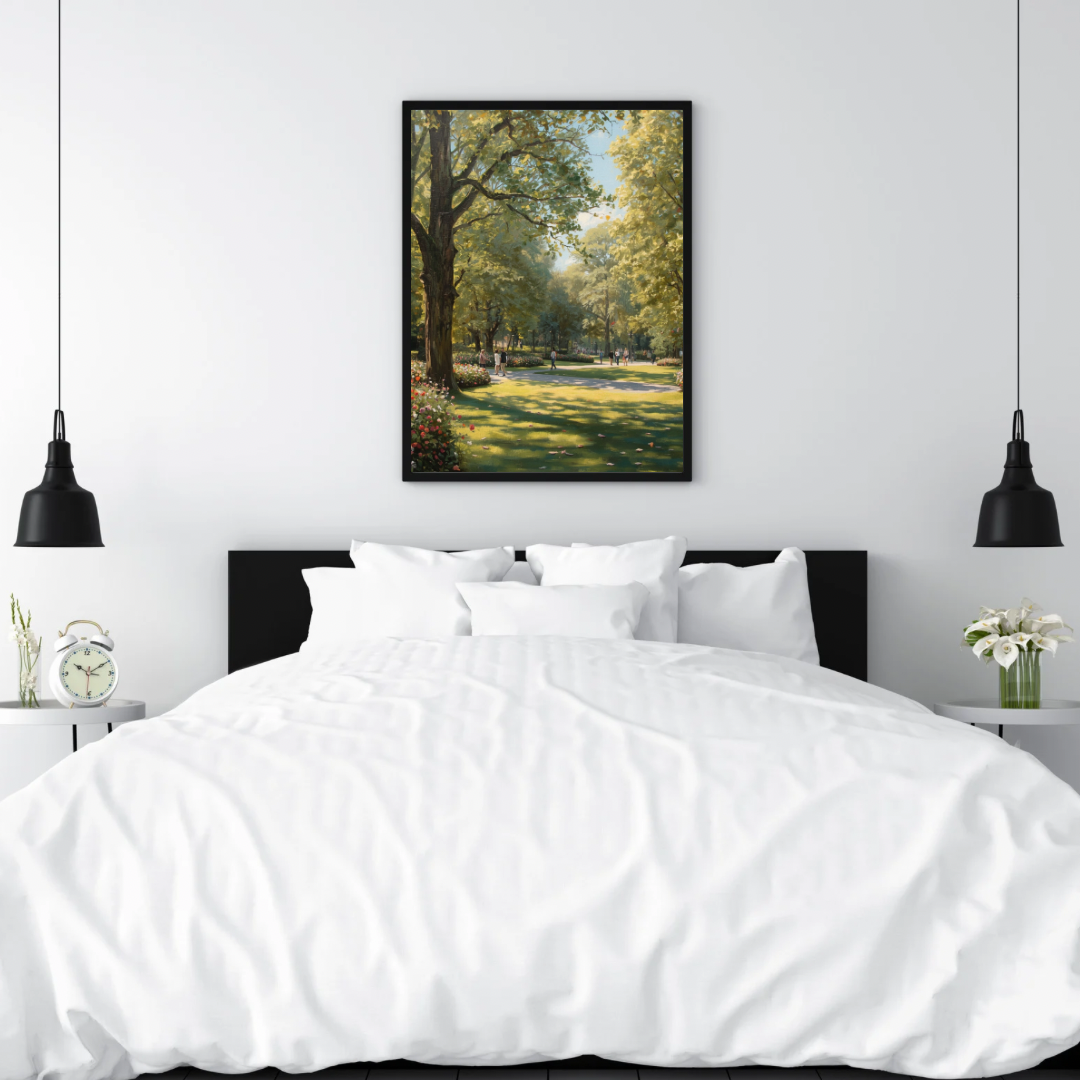 Den Haag park schilderij in zwarte lijst boven wit bed met zwarte hanglampen – zomerse olieverf wall art slaapkamer
