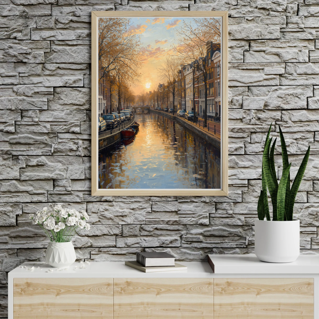 Amsterdam gracht schilderij in houten lijst op wit dressoir tegen grijze stenen muur met plant – olieverf wall art woonkamer

