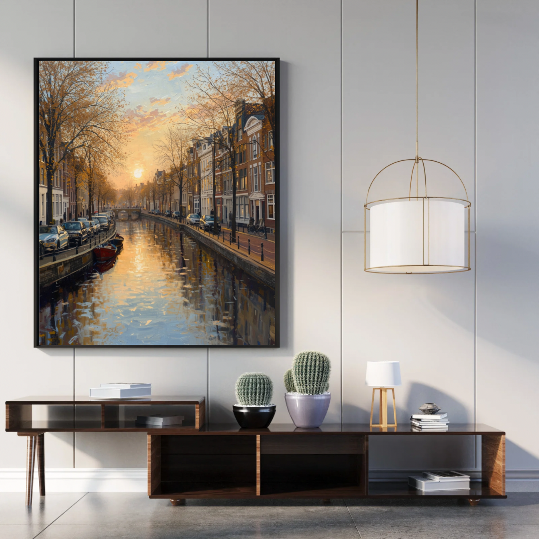 Amsterdam gracht schilderij in grote zwarte lijst boven donker tv-meubel met cactussen en gouden hanglamp – premium olieverf wall art
