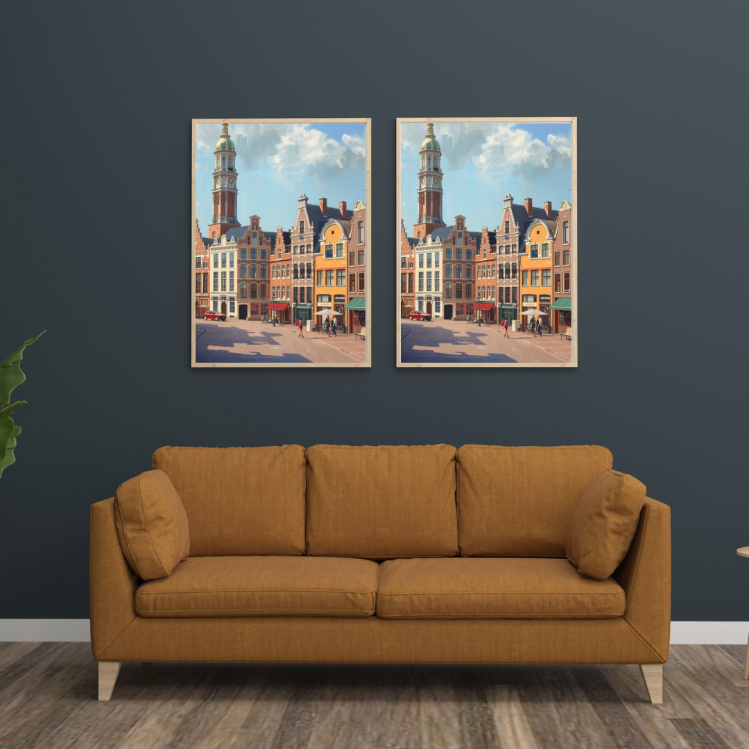Den Haag schilderij als set van twee in houten lijst aan donkerblauwe muur boven cognac leren bank met grote plant – olieverf wall art woonkamer
