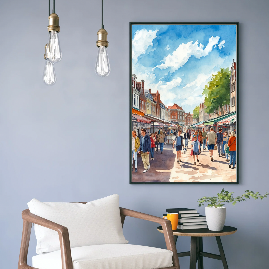 Deventer marktstraat schilderij in zwarte lijst staand op houten vloer naast staande lamp tegen lichtgrijze muur – aquarel wall art entree
