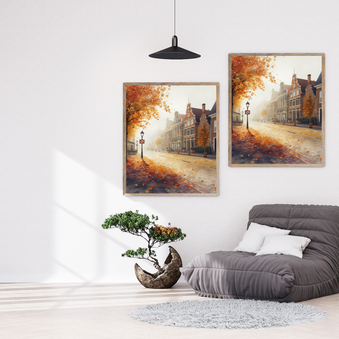 Deventer mistige herfstlaan schilderij als set van twee zonder lijst aan witte muur boven grijze bank met groene plant en zwarte hanglamp – aquarel wall art woonkamer

