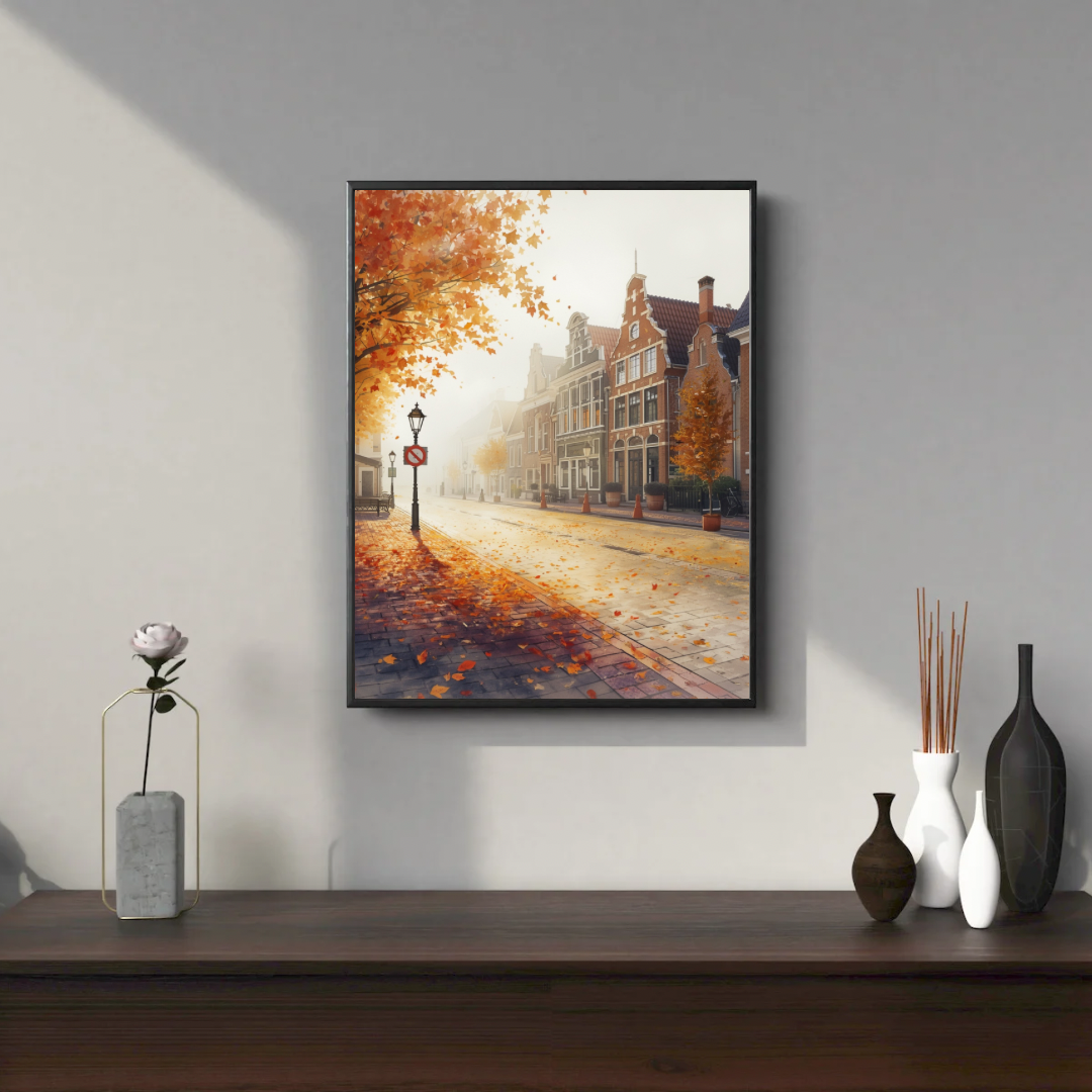 Deventer mistige herfstlaan schilderij in grote zwarte lijst staand op wit tv-meubel met donkere vazen tegen donkergrijze muur – aquarel wall art woonkamer
