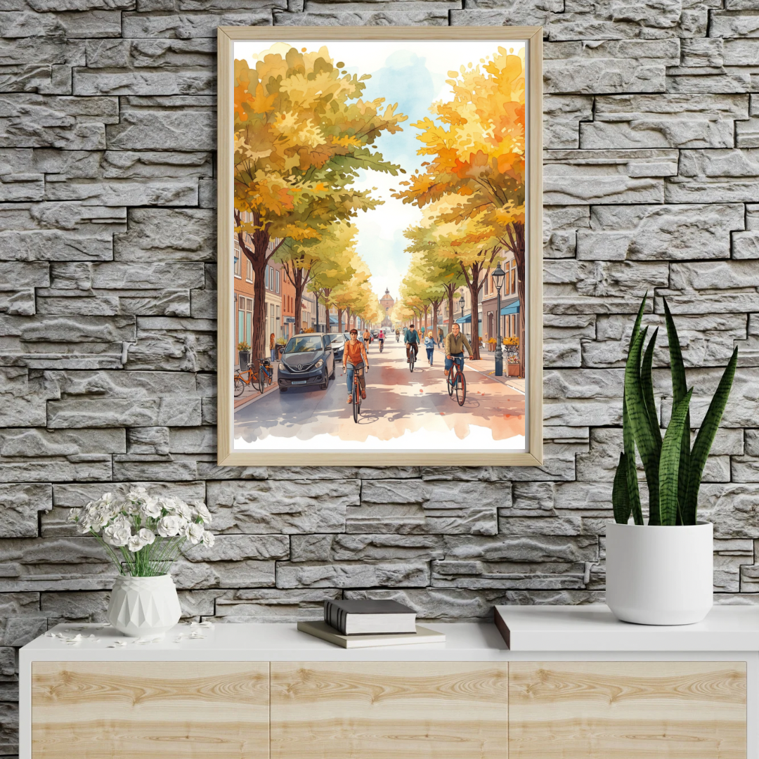 Deventer zonnige herfstlaan schilderij in zwarte lijst aan grijze stenen muur boven wit bad met kleine cactus – aquarel wall art badkamer
