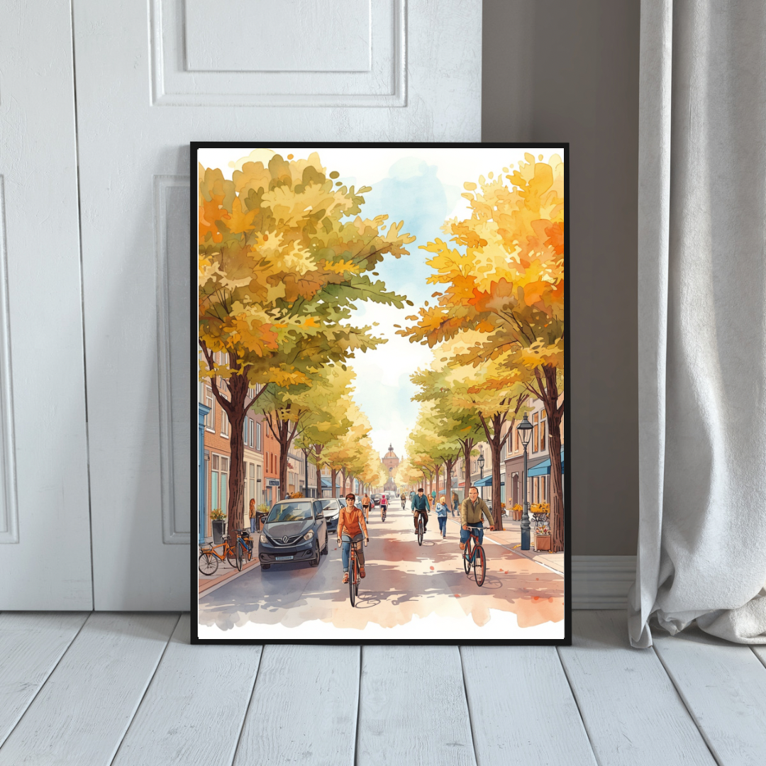 Deventer zonnige herfstlaan schilderij in grote zwarte lijst staand op lichte houten vloer tegen witte muur naast deur – aquarel wall art entree
