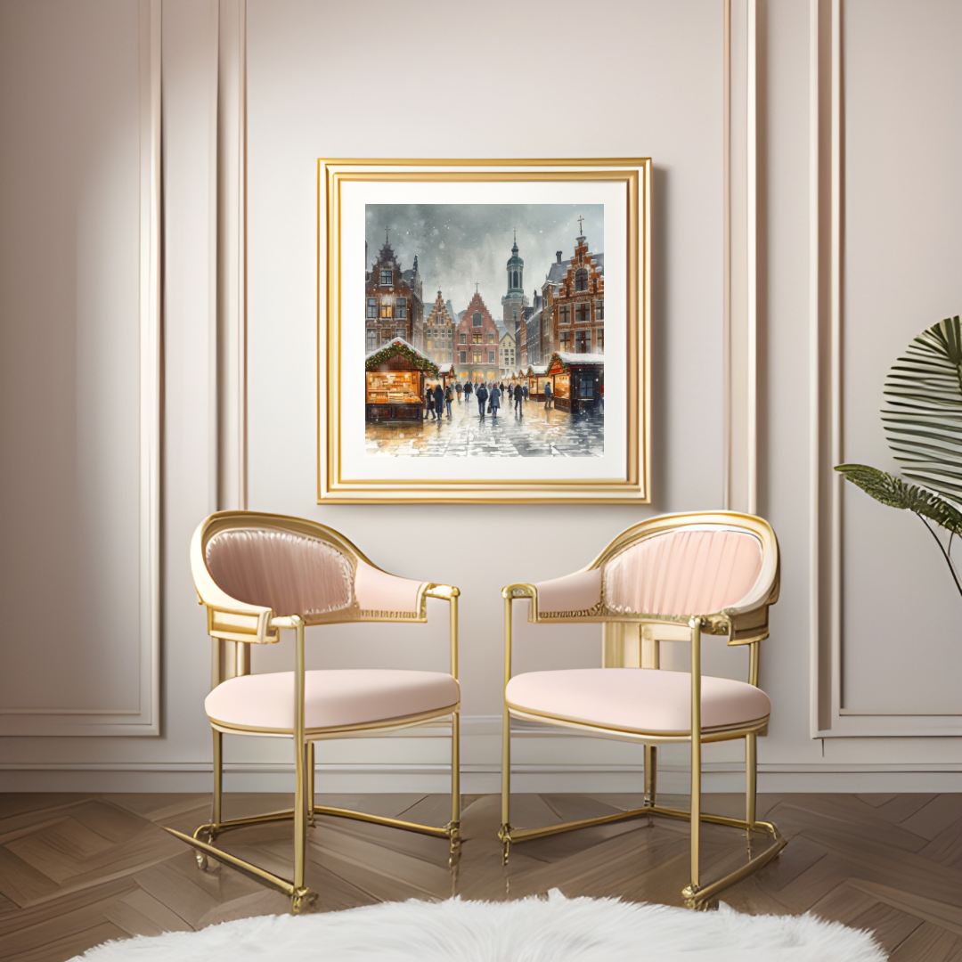 Deventer kerstmarkt schilderij in gouden lijst aan witte muur boven twee witte ronde stoelen met gouden bijzettafel – aquarel wall art woonkamer
